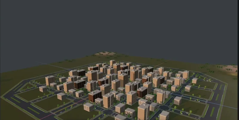 An aerial view of a whole district of blocks and roads, built by an agent in Cuberta