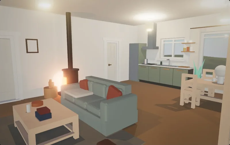 A living room with a sofa, a wood stove, a kitchen and warm lamp light, built by an agent in Cuberta